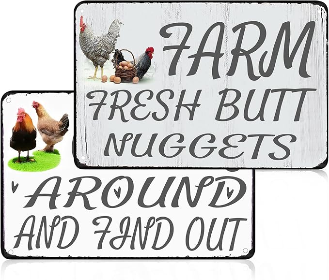 Funny Chicken Sign Gift 2 Pack Ouffun Farm Fresh Butt Nuggets Tin Sign for Home Farm Chicken Coop Farmhouse Kitchen Garden Decor 8 X 12 Inch