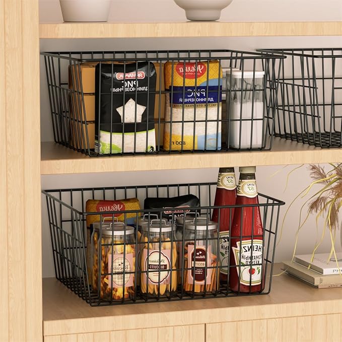 SANNO Large Freezer Baskets Metal Storage Organizer Bin Basket Wire Storage Basket for Kitchen Pantry Bathroom Large Metal Farmhouse Food Fruit Produce Organizer Bins,black,3