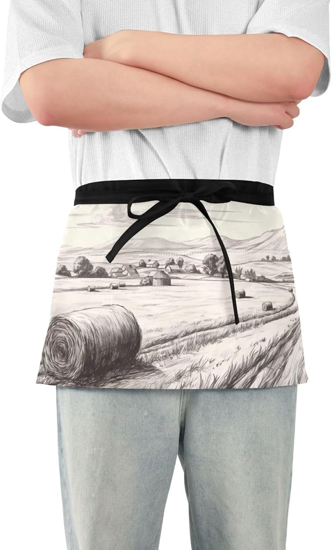 Server Apron with 3 Pockets, Nostalgic Farm Pattern 12 Inch Waist Apron for Waiters Gardeners, Waterproof Half Apron Waitress Apron