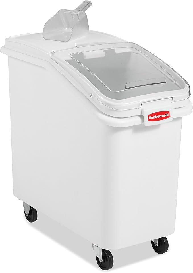 Rubbermaid Commercial Products ProSave Shelf-Storage Ingredient Bin With Scoop 500-Cup capacity Plastic White Sliding Lid Container with Wheels for Kitchen/Restaurant Food Organization