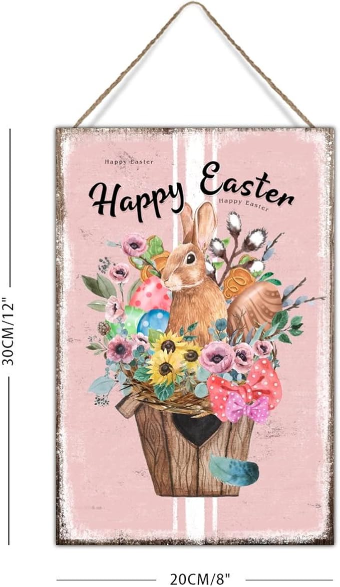 Happy Easter Flower Basket Bunny Wood Art Plaque French Style Floral Pink Stripes Sign Plaque Easter Eggs Farmhouse Bunny Wood Signs for Bedroom Kitchen Front Porch 8x12in
