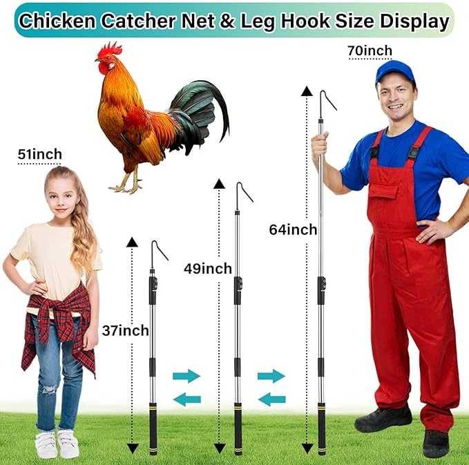 Chicken Catcher Net Telescopic,37 to 64 in Chicken Catcher Leg Hook Long Handle Animal Catcher Pole Heavy Duty with Stainless Steel Tube Extension Pole Poultry Hook Fowl Catcher Sturdy