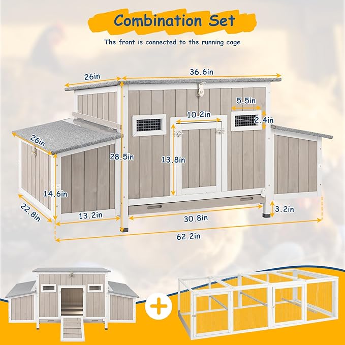 Chicken Coop Waterproof Asphalt Roof Predator-Proof Wooden Hen House for 2–4 Chickens Easy Clean Slide-Out Tray L-Shaped Metal Reinforced Outdoor Coop with Nesting Box Ramp & Ventilation