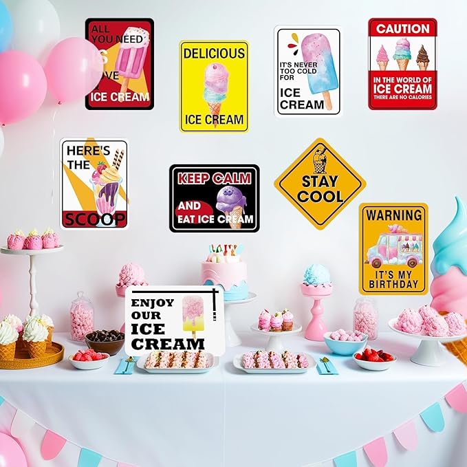 WERNNSAl Ice Cream Party Decorations - 9PCS Ice Cream Sign Birthday Party Decorations for Popsicle Theme Birthday Supplies Sign Decor for Wedding Graduation Summer Party Favor