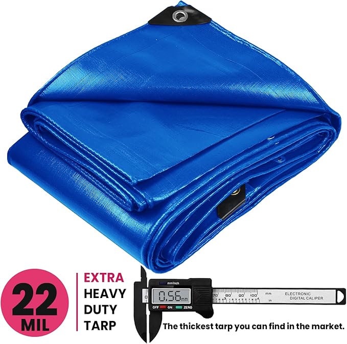 PROTARP Extreme Heavy Duty 22 Mil Tarp Cover, Waterproof, UV Resistant, Rip and Tear Proof, Poly Tarpaulin with Reinforced Edges for Roof, Camping, Patio, Pool, Boat. (Blue 30′ X 30′)