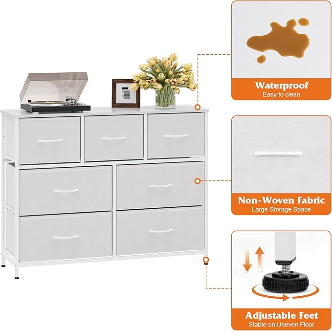 WelFurGeer 7-Drawer Fabric Dresser with Metal Frame, Dressers & Chests of Drawers, White Chest of Drawers for Bedroom, Hallway, Entryway, Closets, Kids Room Organization, White