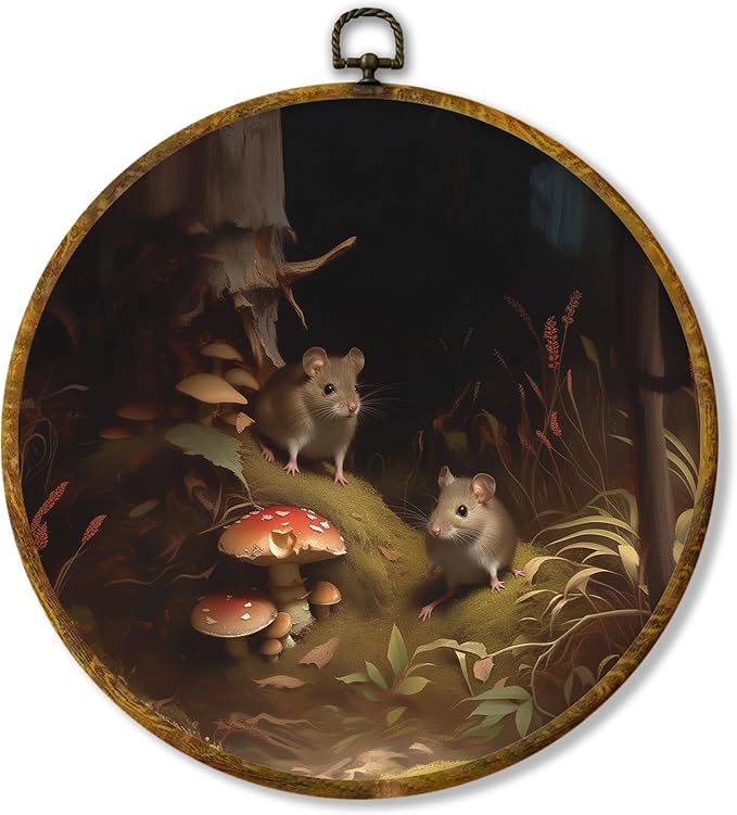 Hiuwevt Dark Cottagecore Mushroom Mouse Round Wall Art Decor, Moody Cottage Core Rat Framed Canvas Prints, Nature Forest Round Wall Hanging Decor for Home Bedroom Living Room Decorations, 10x10 Inches