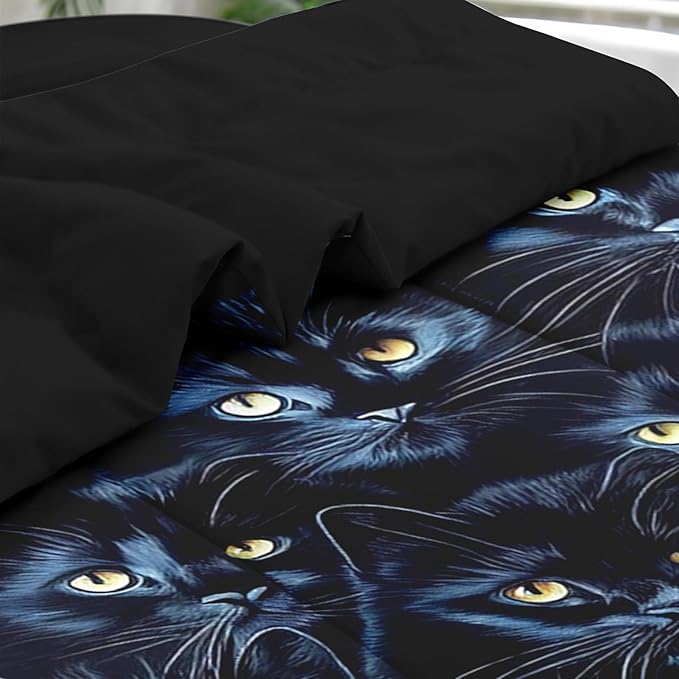 Comforter Set Full Size, Cat Blue Magic 7 Pcs Bedding for Kids and Adults, Black Cute Bed Sheet Sets with Fitted Sheet 2 Pillowcases & 2 Shams for Bedroom Bed Decor