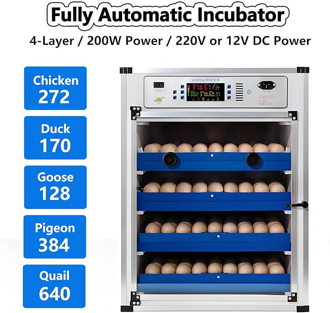 Poultry Pigeon & Game Bird Egg Incubators with Auto Turn & Smart Temp/Humidity Control & Egg Candler Poultry Hatcher Machine for Hatching Eggs Adjustable Rollers for Any Egg Size 272eggs