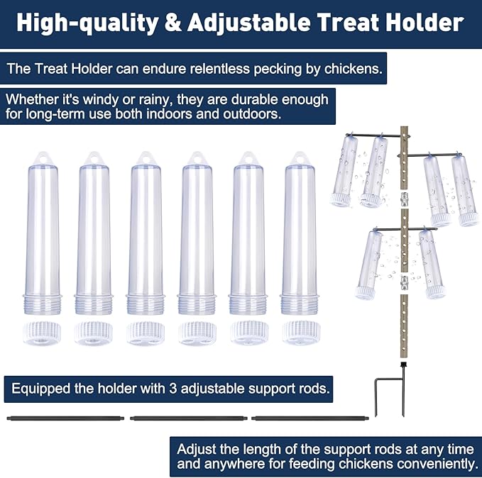 Upgraded Chicken Treat Dispenser, Adjustable Indoor/Outdoor Ground Pole&3 Support Rods, 6 Clear Treat Tubes with Different Types, Easy to Install&Add Food, Fits for Small, Medium&Large Treats