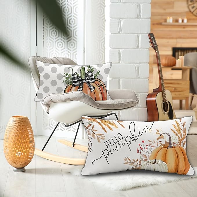 Fall Pillow Covers 12x20, Autumn Outdoor Decorative Throw Pillow Covers, Hello Pumpkin Pillow Cases for Couch Porch, Thanksgiving Cushion Covers, Harvest Pillows Decor