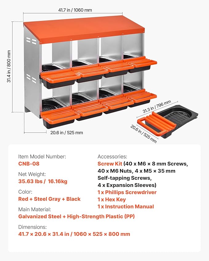 VEVOR 2 Tiers Chicken Nesting Boxes, 8 Compartments, Metal Egg Laying Boxes with Protective Collection Lids, Roll Out Nesting Box, Easy to Assemble, Ideal for Hens, Ducks, Chickens, and Other Poultry