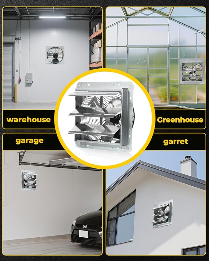 VENTISOL 12 Inch Wall Mounted Shutter Exhaust Fan, Aluminum Blades, 1800CFM, Automatic High Speed Household Ventilation Fan for Garages, Shop, Greenhouse, Attic