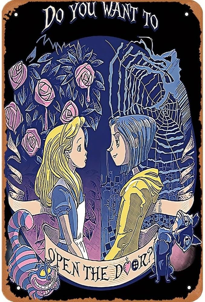Coraline & Alice Open The Door Weather-Resistant Iron Sign, Pre-Drilled, 12x8 Inches Tin Poster for Home