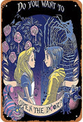 Coraline & Alice Open The Door Weather-Resistant Iron Sign, Pre-Drilled, 12x8 Inches Tin Poster for Home