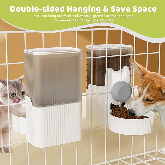 Hanging Cage Automatic Food Water Dispenser, Detachable Auto Gravity 1L Self-Feeding Feeder and Waterer Set, Crate Auto Feeder Dish for Puppy Cats Ferret Bunny Guinea Pig Small Pets (Grey)