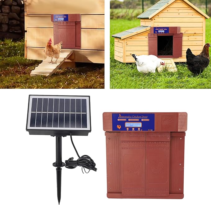 Automatic Chicken Coop Door Opener, Solar Battery Powered with LED Display, Timer Function, Double Doors Electric for Chickens, Ducks, Geese, Easy to Set Opening and Closing Time (Bronzer)