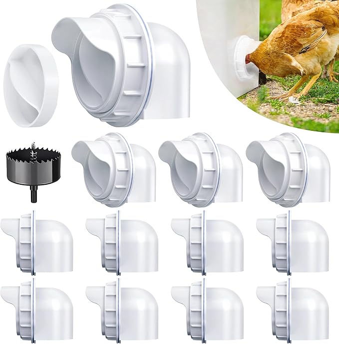 Chicken Feeders No Waste 12 Ports, DIY Poultry Feeder with 12 Covers 1 Hole Saw, Rain Proof Automatic Gravity Chicken Feeder Kits for Buckets, Barrels, Bins, Troughs (White)