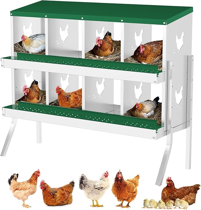 Chicken Nesting Box, Heavy-Duty Metal Chickens Laying Boxes with 8 Compartments, Large Vented Holes Hens Laying Box, Chicken Coop with Rollout Egg Collection, Bracket Legs - Green