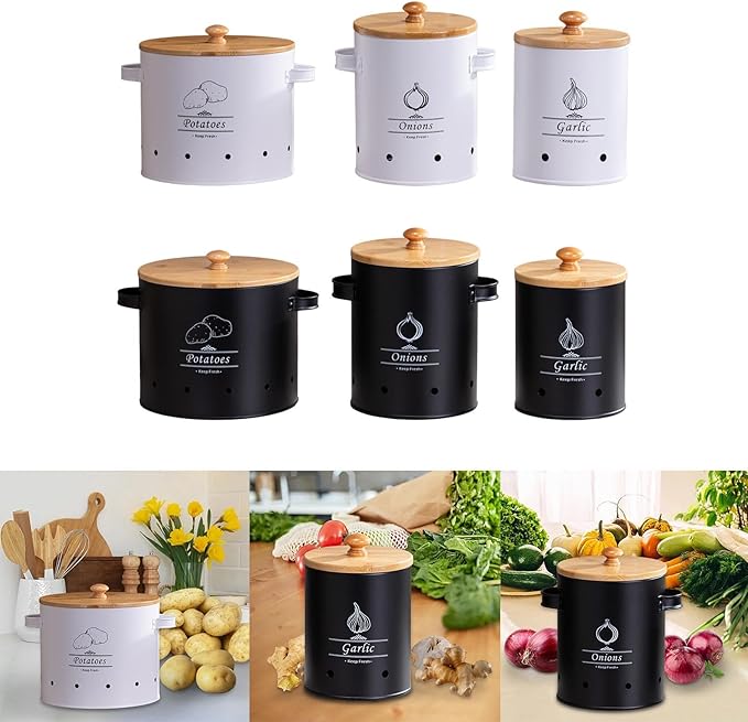 Potato Storage Tin Vegetables Storage Bin, Kitchen Organizer Kitchen Canister, Food Storage Container for Countertop Pantry, White Large
