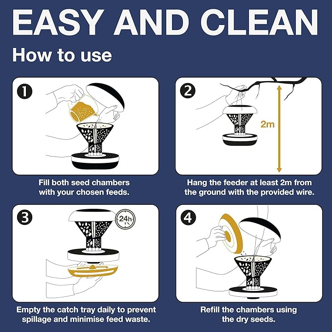 SWISSINNO Bird Feeders - No Mess Hanging Bird Feeder for Outdoors - Smart Birds Davos Spill Proof Wild Cardinal & Small Bird Feeder with Integrated Seed Catcher Tray - Dual Chamber - Indigo