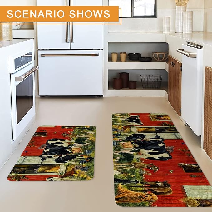 Roszwtit Farmhouse Kitchen Rugs and Mats Set of 2, Farm Animal Kitchen Mat, Seasonal Holiday Cooking Sets Washable Non-Slip Floor Mats for Home Kitchen Decor - 17x29 and 17x47 Inch