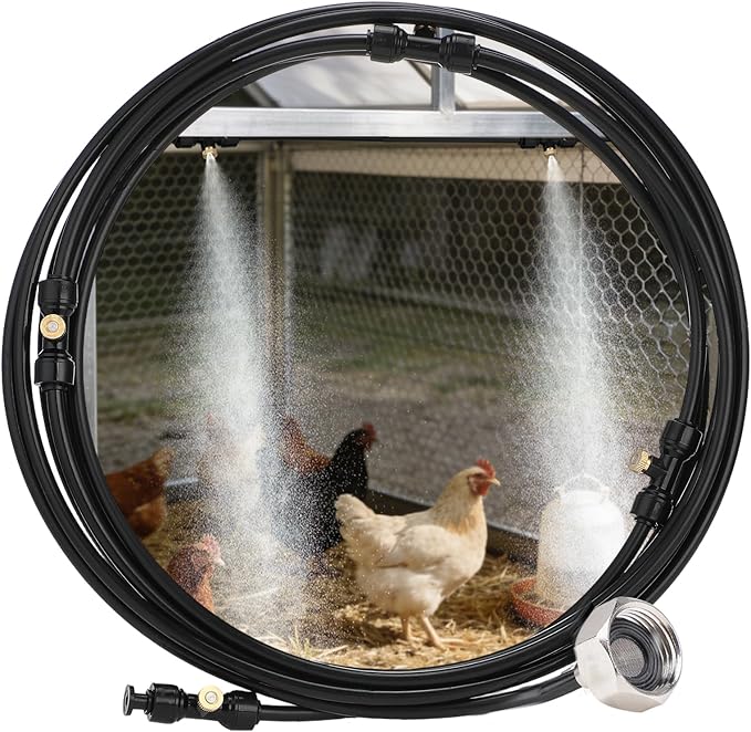 Pre-Assembled Chicken Coop Misting System for Cooling - Leak-Resistant Mist Hose Kit for Summer Poultry Heat Relief, Included 16.4ft Line, 3/4" Adapter, 4 Brass Nozzles, Filter Gasket Accessories