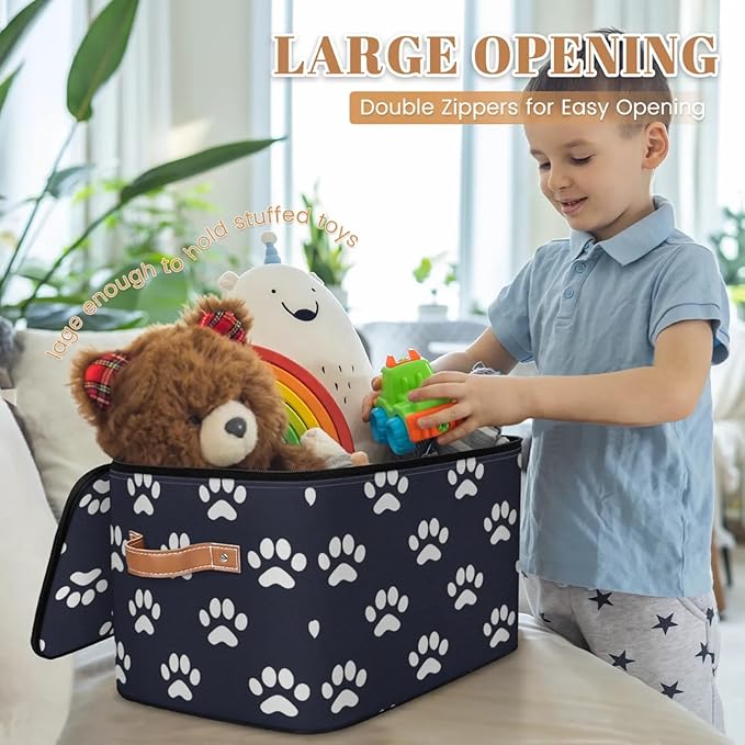 Storage Cubes with Lid Fabric Storage Bins Boxes PU Leather Handles, Dog Paw Print Closet Organizer Container Foldable Washable Shelf Cloth Basket, Dog Paw Print