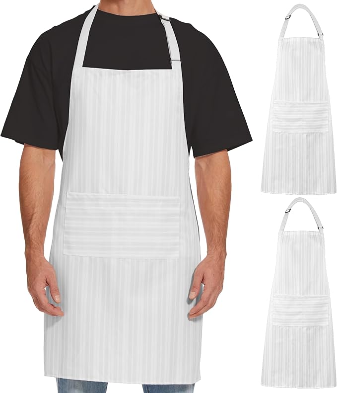 Will Well Kitchen Apron for Men and Women - 33" x 27" Oil-and-Water-Resistant with Adjustable Neck Strap and 38" Waist Ties for a Snug Fit, Lightweight with 2 Front Pockets - 2-Pack, White Stripe