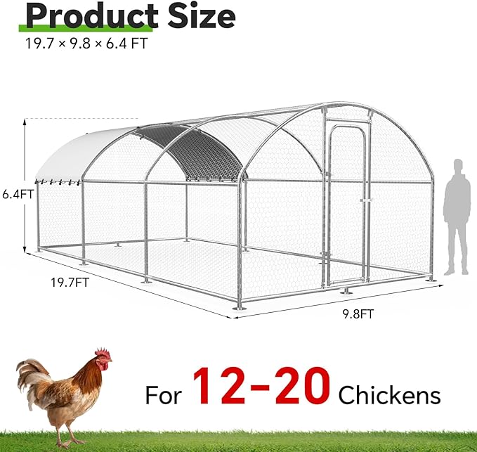 Large Metal Chicken Coop with Weatherproof Cover and Multi-Purpose Chicken Run for Chickens, Ducks, Rabbits, Farm and Yard Animal Pen (10’ W X 19.7’ L X 6.4’ H, Dome Roof)