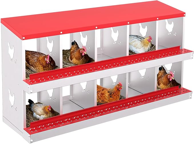 Chicken Nesting Boxes, 10-Compartment Metal Egg Laying Box with Swing Perch and Secure Lid – Versatile Wall Mount or Free Standing Suitable for Various Chicken Breeds -red