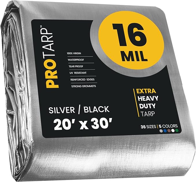 PROTARP Extra Heavy Duty 16 Mil Tarp Cover, Waterproof, UV Resistant, Rip and Tear Proof, Poly Tarpaulin with Reinforced Edges for Roof, Camping, Patio, Pool, Boat. (Silver/Black 20′ X 30′)