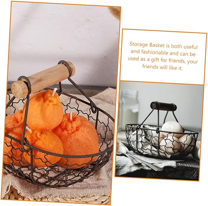 2pcs Vintage Rustic Iron Fruit Basket with Wooden Handles, Gray-black Metal Storage Basket for Kitchen, Egg Collecting and Snack Organization, Farmhouse Style Household Container