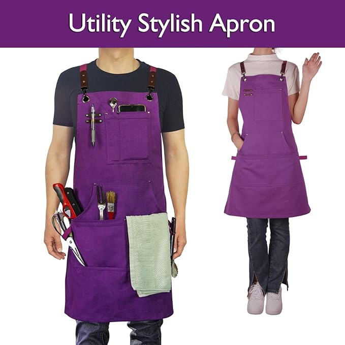 10 Pack Kitchen Aprons, Work Apron, Canvas, Multiple Pockets, Gardening, Painting, BBQ, Artist, Carpenter, Sizes M to XXL, Purple