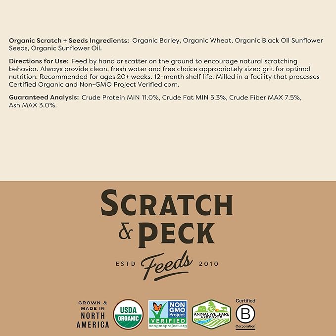 Scratch and Peck Scratch + Seeds Chicken and Duck Treat - 50 lbs Bag - 11% Protein, Certified Organic and Non-GMO Project Verified Chicken Food