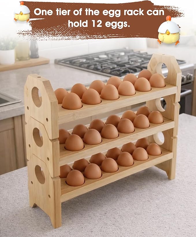 Bamboo Egg Holder Countertop with Silicone Egg Cleaner, 3-Tier Egg Holder for 36 Eggs, Stackable Design for Fresh Eggs, Farmhouse Egg Tray Storage Display Rack，Fits Quail, Duck, Chicken Eggs