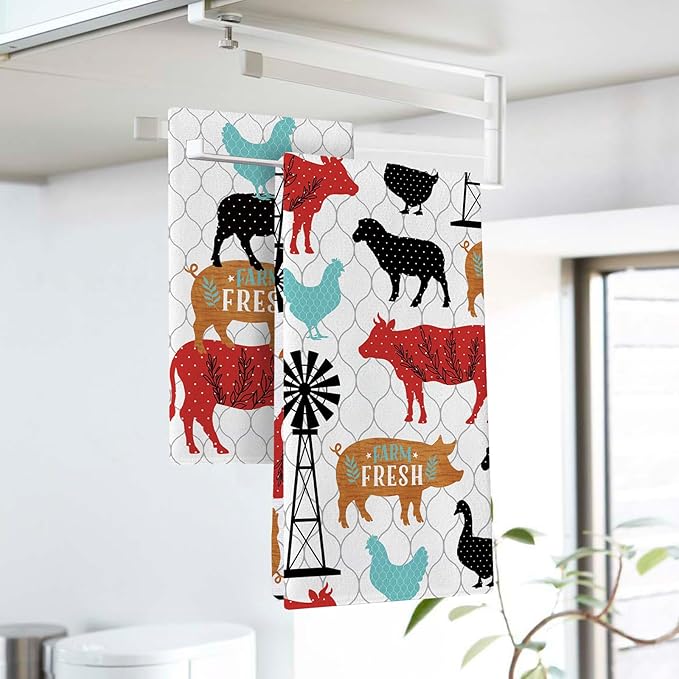 Farm Fresh Animals Kitchen Dish Towels Set of 2, Vintage Farmhouse Cow Pig Sheep Chicken Duck Barn Drying Hand Towel Baking Cooking Cloth, Rustic Country Windmill Bathroom Home Decor 18'' x 26''
