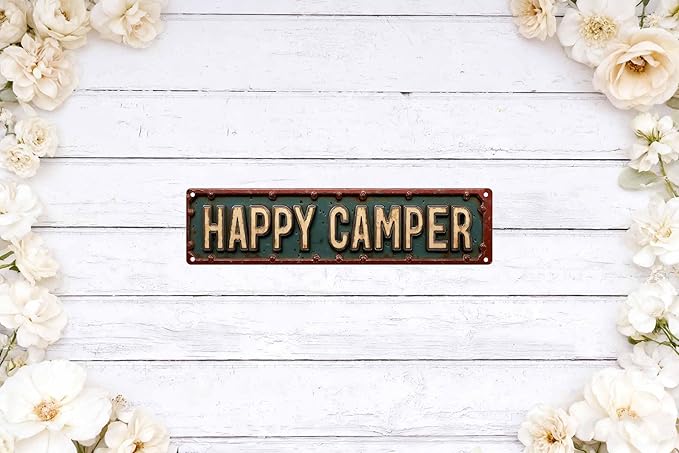 Vintage Tin Happy Camper Sign Retro Metal Sign Suitable For Camp Field - Multi-Purpose For Outdoor Use Plaque 4x16 Inch