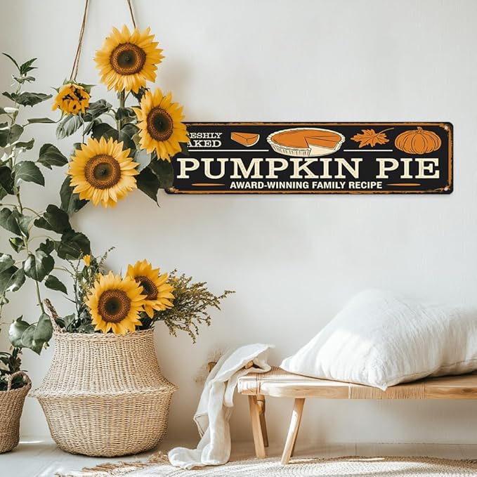 Rustic Fresh Baked Pumpkin Pie Metal Sign - Autumn Wall Decorative Sign - Pumpkin, Maple Leaf Design 16x4 Inch, Vintage Style Sign for Kitchen, Baking Room, Farmhouse Decor, Thanksgiving Day Decor