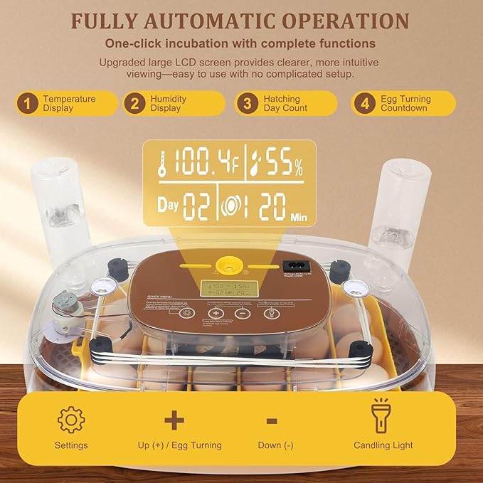 Series III - 24 Egg Incubator for Hobbyists, Full-Stage Adaptive Humidity (Dual-Bottle) & Temp Control, Custom-Interval Auto Turn & Auto Stop, Preset Incubation Days, Adjustable Egg Spacing