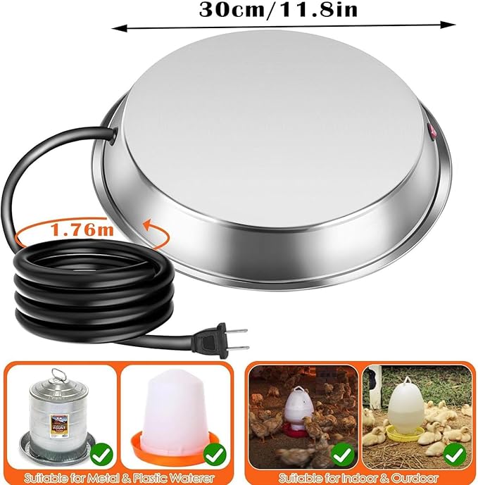 Heated Chicken Waterer Base for Winter, Outdoor Heated Chicken Poultry Bath Drinking Water, Outside Heating Poultry Feeder for Poultry Lovers (Sliver, 12in)