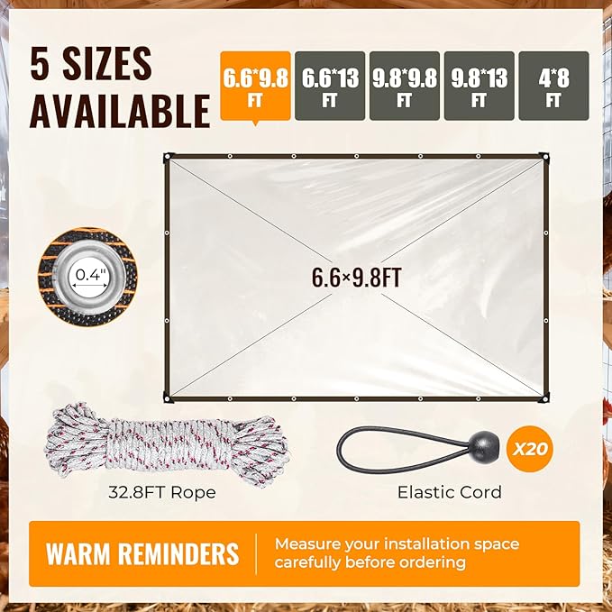 6.6x9.8Ft Heavy-Duty Chicken coop Cover for Winter - Waterproof Durable Chicken coop tarp with Elastic Cords & Rope, Easy Installation for Large Chicken Runs