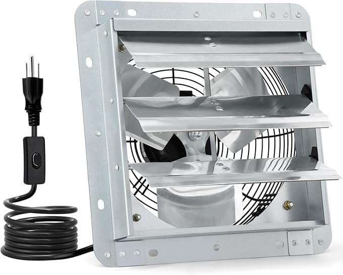 Criditpid 10 Inch Shutter Exhaust Fan 820 CFM, Wall Mounted Exhaust Fan with ON/OFF Power Cord for Greenhouse, Chicken Coop, Attic, Shed, Garage, Warehouses Ventilation, Low Noise louvered Vent Fan.