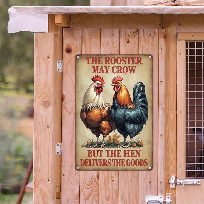 FunnySign Chicken Gifts Rooster Décor The Rooster May Crow But The Hen Delivers The Goods Rustic Tin Sign For Home Farm Chicken Coop Decor 8x12 Inch (9715)
