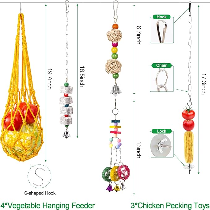 13 Pack Chicken Toys for Coop Accessories - Chicken Xylophone Toy, Chicken Mirror, Chicken Ladder Bridge, Coop Swing, Vegetable Hanging Chicken Feeder, Chewing Foraging Toys, Gifts for Hens