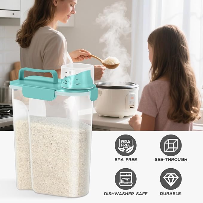5-7 Lbs Dog Cat Food Storage Container, Portable Travel Pet Food Storage Container with Measuring Cup, Easy-Pouring Bird Seed Dispenser, Airtight Rice Cereal Oatmeal Flour Dispenser -Green