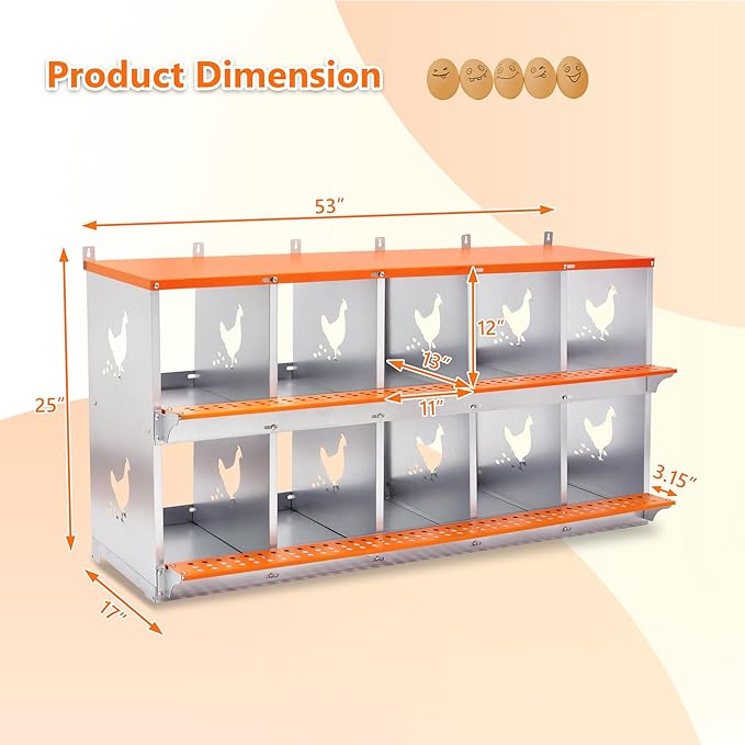 Chicken Nesting Box, 10 Compartment Wall Mount Metal Chickens Laying Boxes for Hens, Ducks, Roll-Out Egg Collection for Chicken Coop, Backyard, Farms, Orange