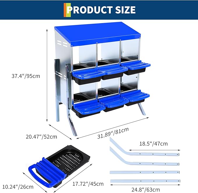 Chicken Nesting Box, 6 Compartment Roll Away Egg Laying Box for Hens, Wall Mounted & Freestanding (2 Modes of Use), Easy Egg Collection, Cleanable Pull Out Nesting Box, Blu, WL