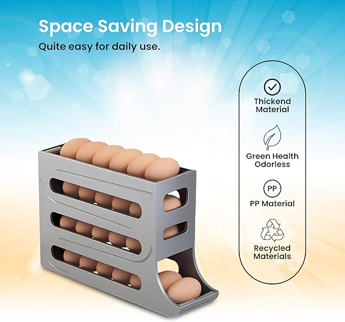 ZAYLAN Egg Holder for Fridge, Auto Rolling Egg Roller/Dispenser/Organizer/Storage Container, Space-Saving 4-Tier Egg Tray for 28 Eggs, Refrigerator, Kitchen & Countertop with Flower Egg Cutter (Gray)