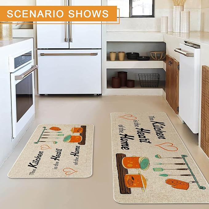 The Kitchen is The Heart of The Home Kitchen Mats Set of 2, Non-Slip Rubber Back Kitchen Rugs, Seasonal Holiday Cooking Sets Washable Floor Mat for Home Kitchen Decor - 17x29 and 17x47 Inch